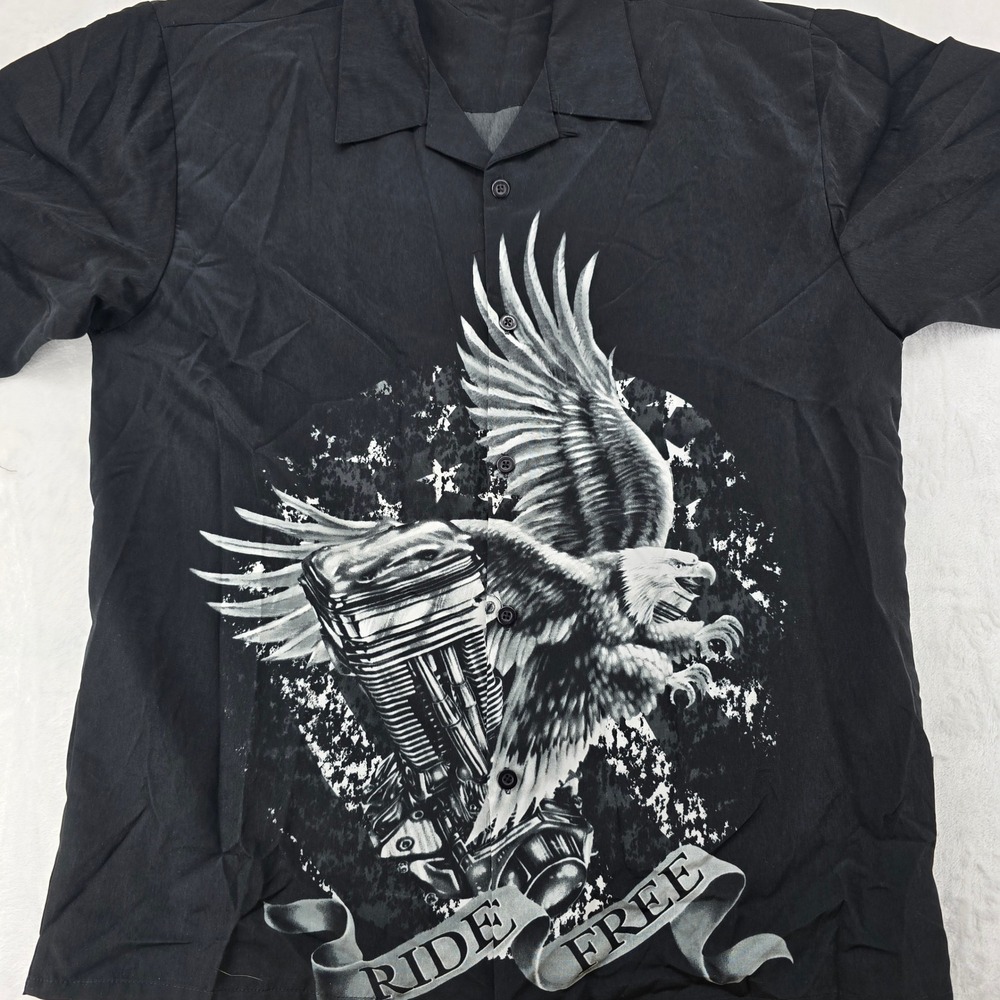 Sapphire Lounge Shirt Mens XL Button Down‎ Black Ride Free Eagle Biker Graphic